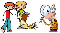 Clipart of Students Writing List & Detective With Magnifying Glass